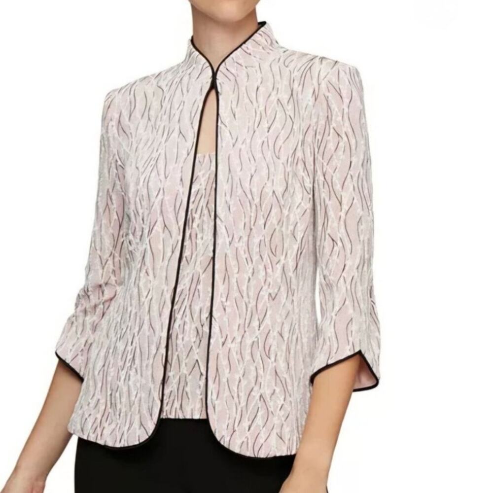 Alex Evenings Women's 2X Printed Piped 3/4 Sleeve Two-Piece Glitter Blazer & Top - Picture 10 of 12